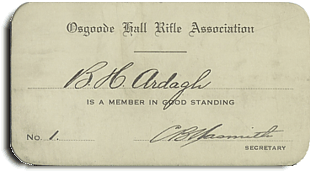 Carte de membre de l'Association de tir d'Osgoode Hall de B. H. Ardagh, Archives du BDLO